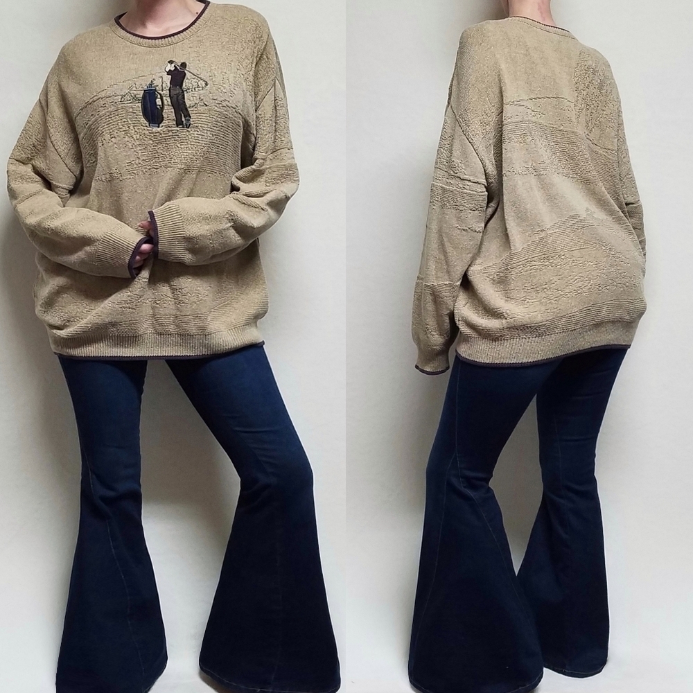 Rare Vintage 90s Pinnacle Beige Textured Cotton Mountains Golf Sweater XXL